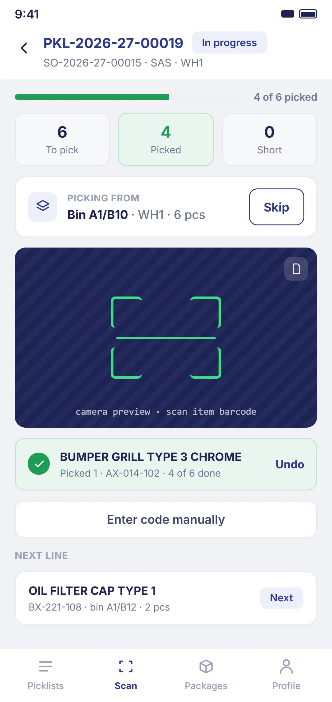 mobile app in scan mode — prominent scan target, confirmation animation