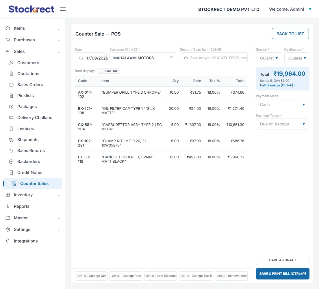 counter POS — quick scan interface with running subtotal, payment method selection