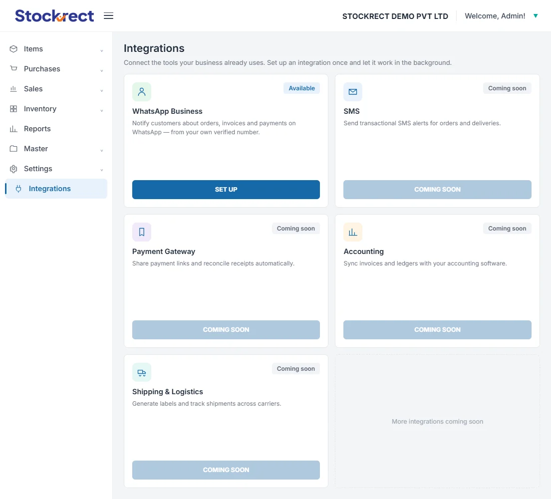 integration diagram — Stockrect at center, connections to Tally, GSP, WhatsApp, email