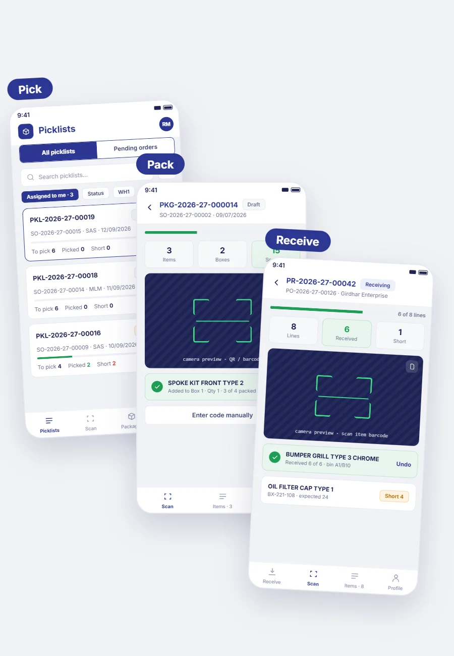 sequence of warehouse workflow screens — pick, pack, receive