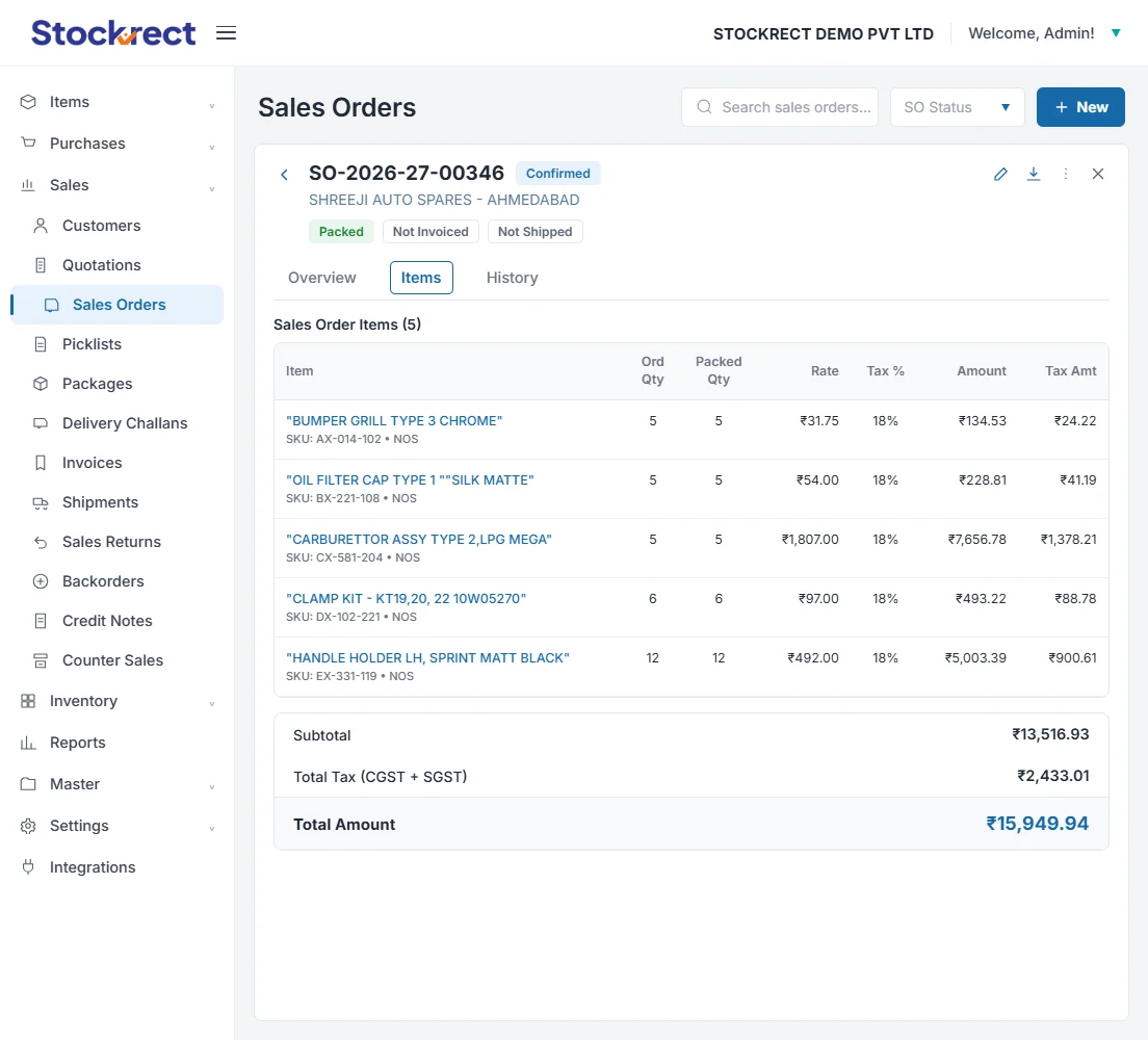 sales order confirmation — real-time stock, credit status, pricing tier applied