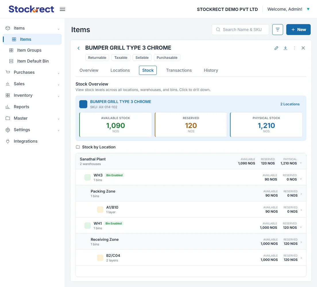 multi-warehouse dashboard — stock across locations, bin-level drill-down