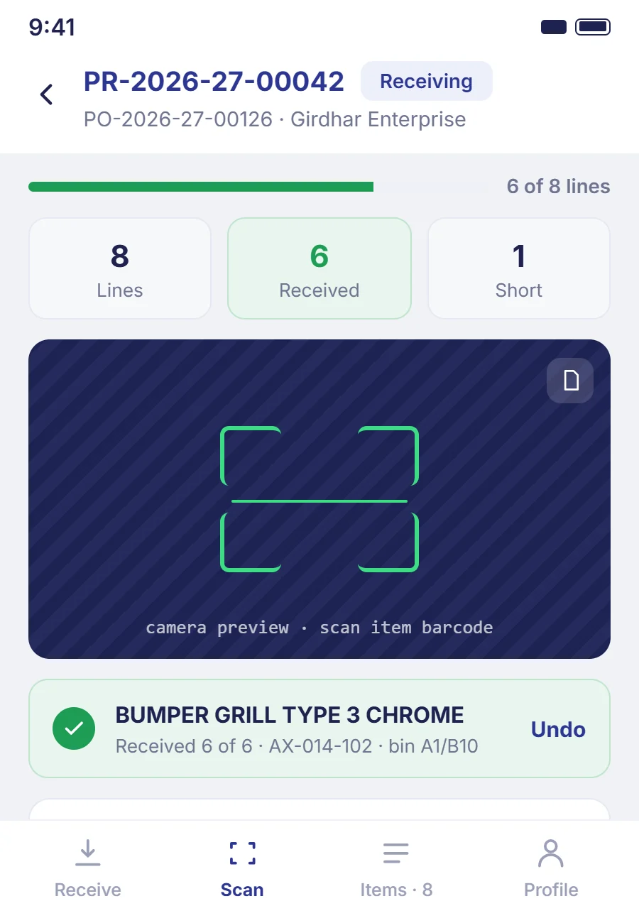 mobile app in scan mode — scan target + confirmation
