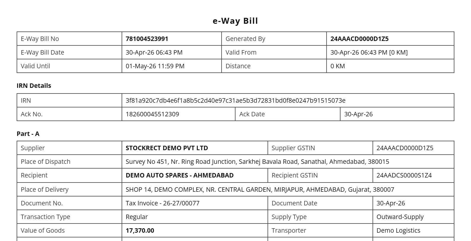 Generated e-way bill document with IRN details, Part A and Part B
