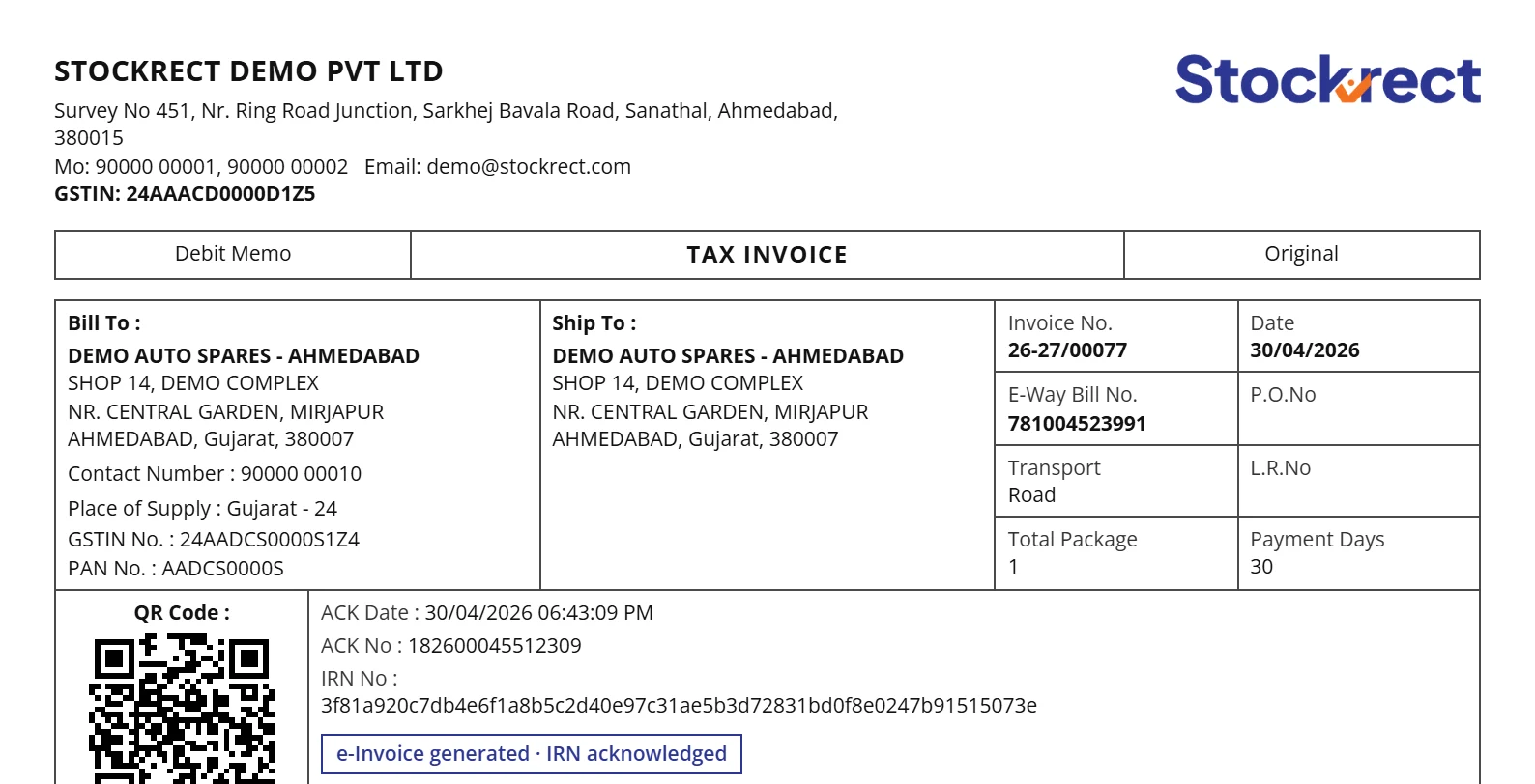 Generated GST tax invoice with IRN QR code, acknowledgement number and e-way bill number