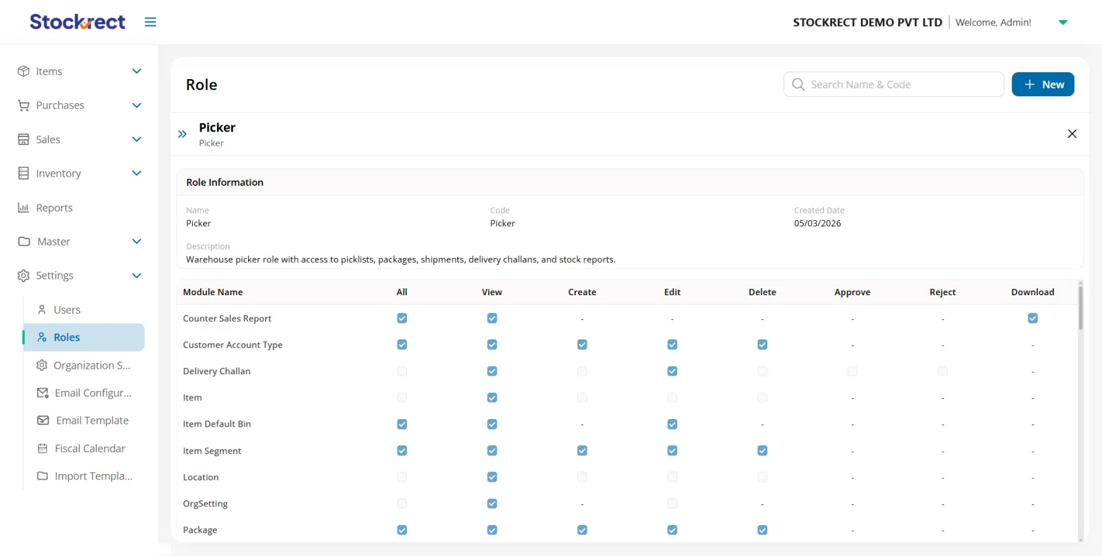 Stockrect role detail: Picker role with module-level permission matrix across view, create, edit, delete, approve, reject and download