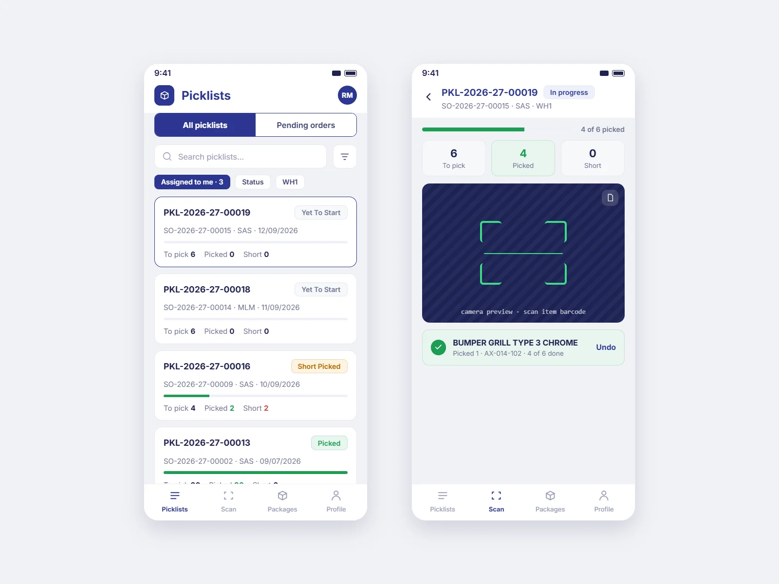 mobile pick workflow — bin-optimized sequence with scan confirmation