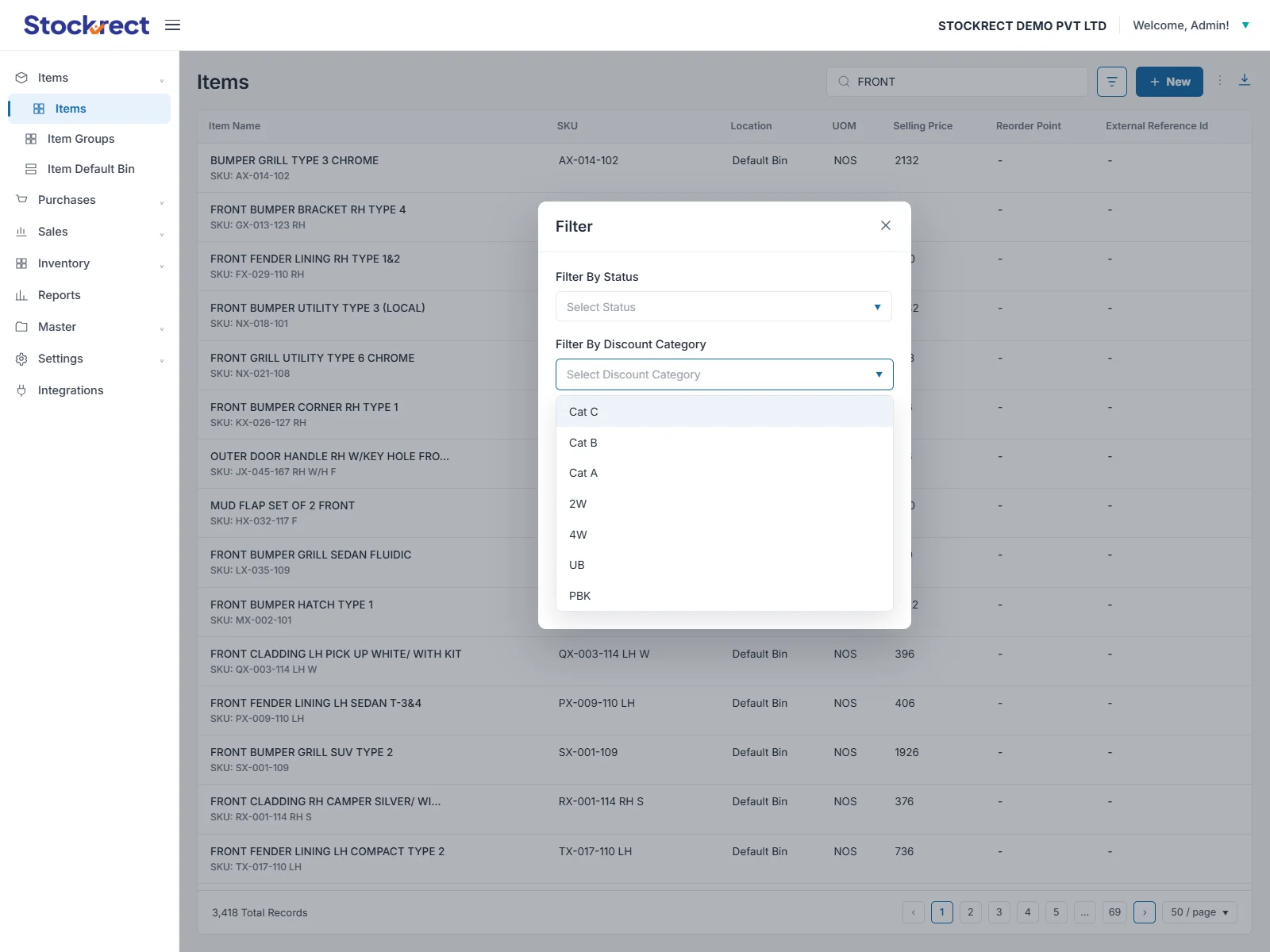 variant search — diameter, thickness, material and rating filters