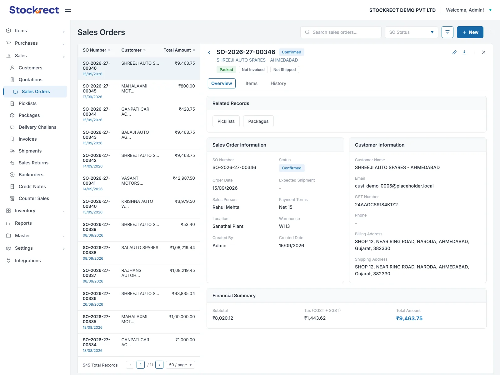 sales order screen — live stock across warehouses, credit status, pricing tier